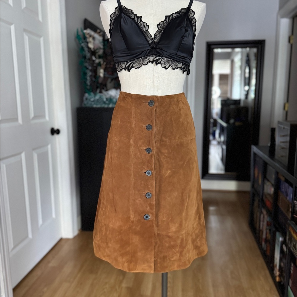 Michael Kors Tan Midi Leather Suede Button Skirt 70s style